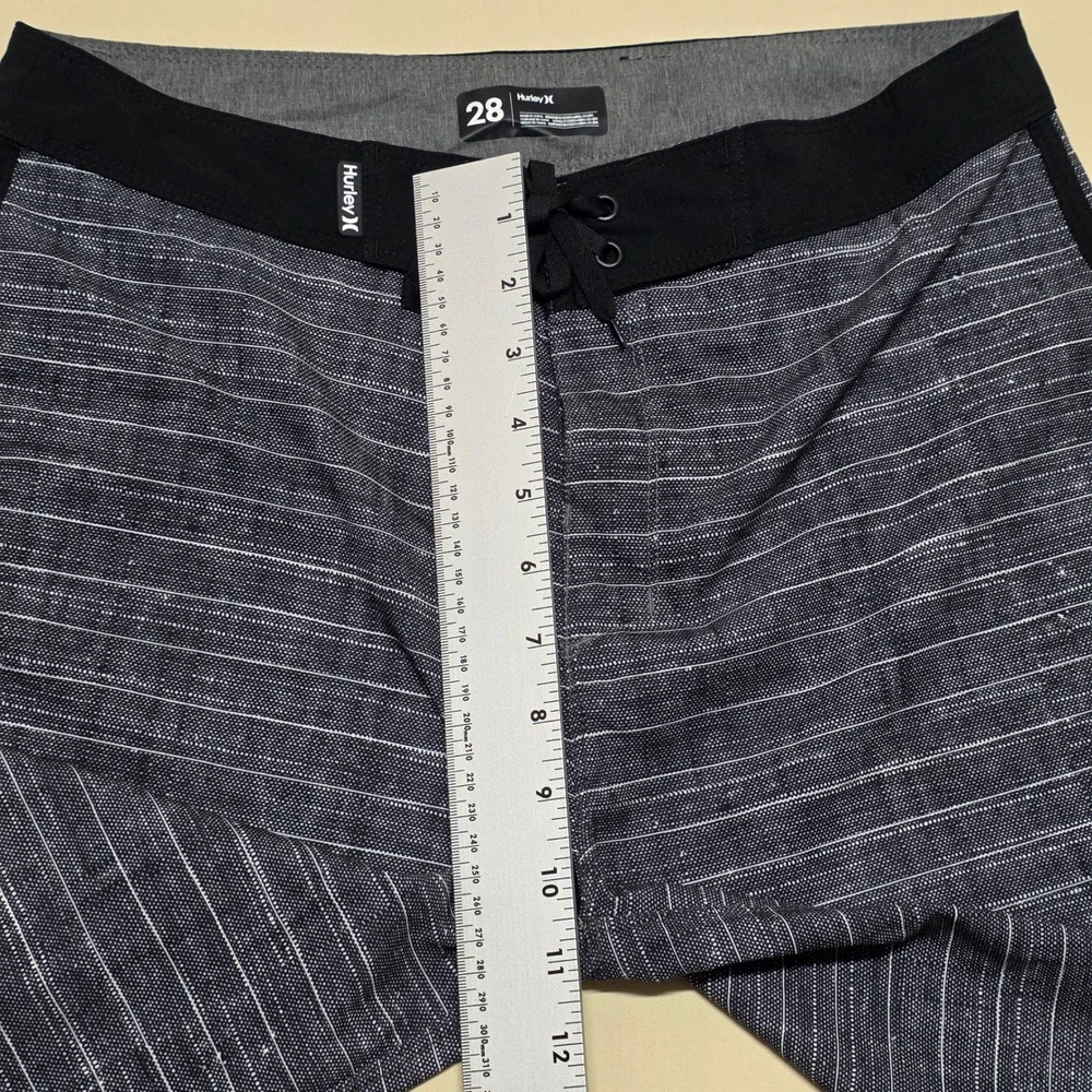 Hurley Mens Size 28 Board Shorts Black Gray Striped Surf Swim Trunks Drawstring